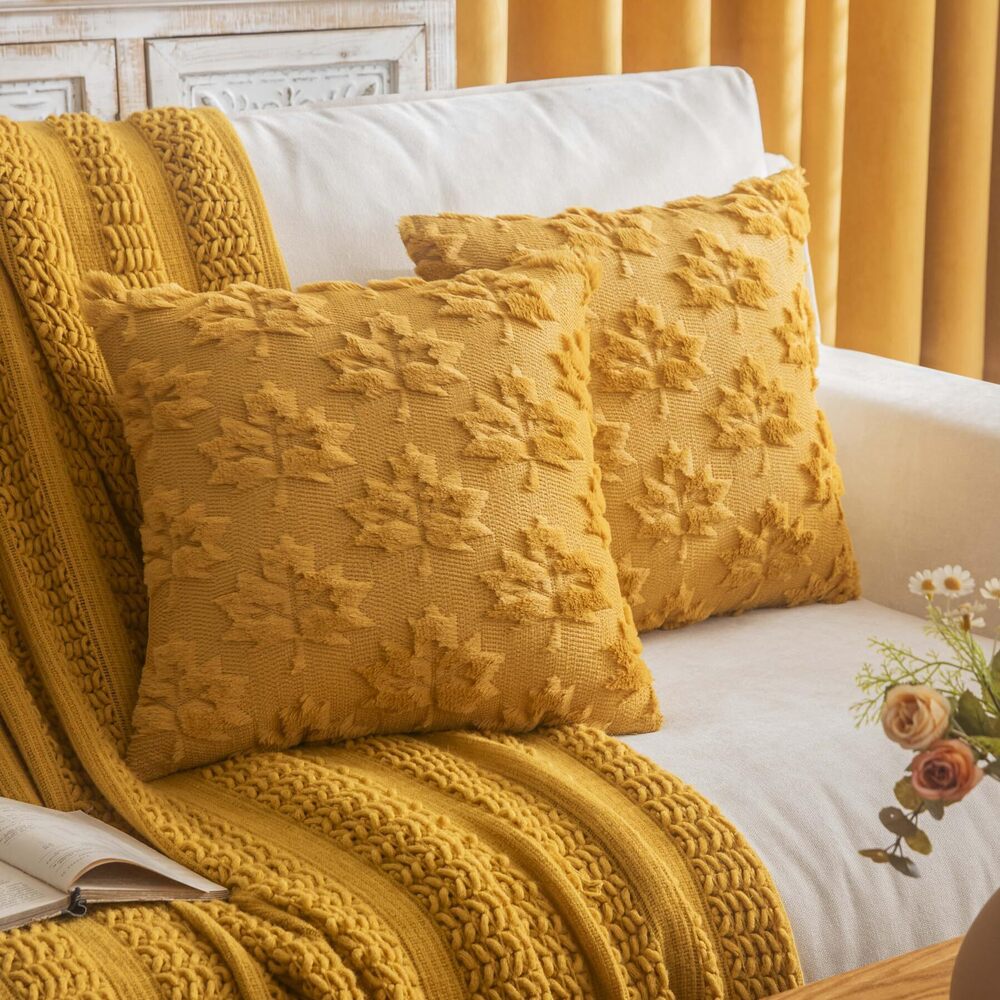 6809 Maple Leaf Fall Throw Pillow Covers 18"x18" Set of 2, Mustard Yellow